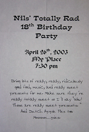 Nils' 18th birthday party invitation.
